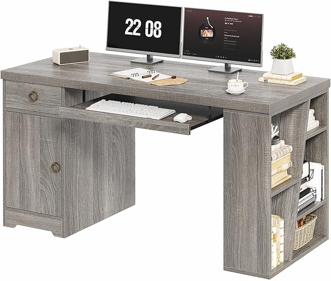 HSH 55 Office Computer Desk with Drawers Farmhouse Grey Executive Desk with Storage Shelves and Cabinet Modern Wooden Computer Table Teacher Desks with Keyboard Tray for Home Writing Work Study