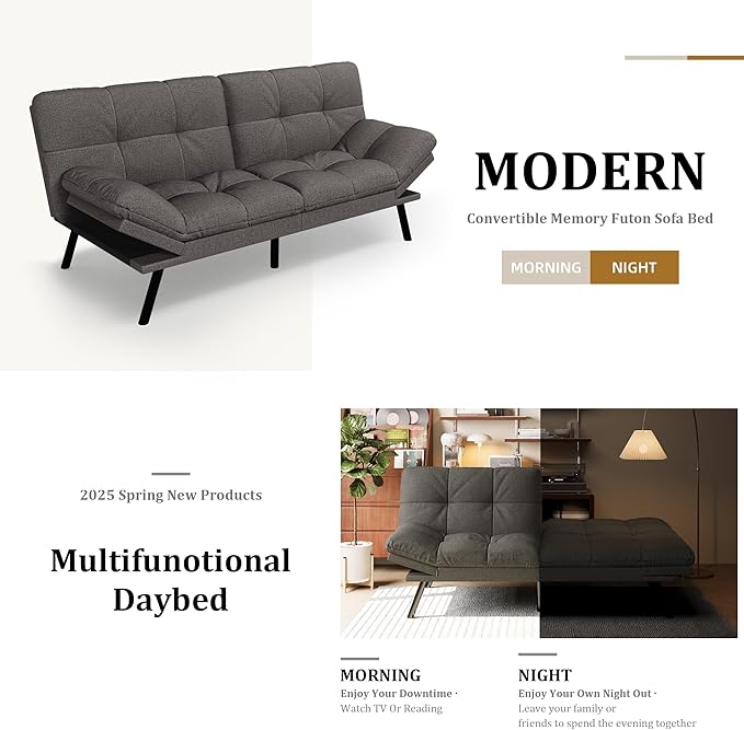 Hcore Convertible Futon Sofa BedModern Linen Futon Couch with Detachable CushionAdjustable Backrest &amp Armrest Small Splitback Loveseat Sofa Sleeper for Living RoomOfficeApartmentDark Grey