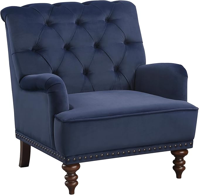 Luxurious Living Room Chair 1pc Blue Upholstered Button Tufted Nailhead Trim Modern Living Room Furniture