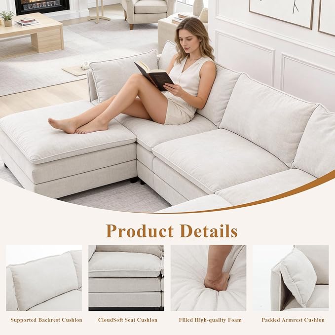 108 U Shaped Couch Modular Sectional Sofa Chenille Cloud Couch with Movable Ottoman 3 Deep Seat Small Sectional Couch Comfy Couch for Living Room (Beige 3 Seater with 2 Ottoman)