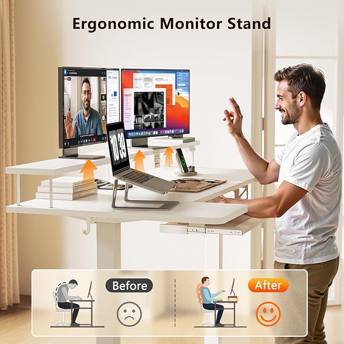 OffiGo U Shaped Electric Standing Desk with Keyboard Tray 55 Inch Height Adjustable Desk with Power Outlets &amp LED Lights Sit Stand Table with Monitor Stand for Home Office White