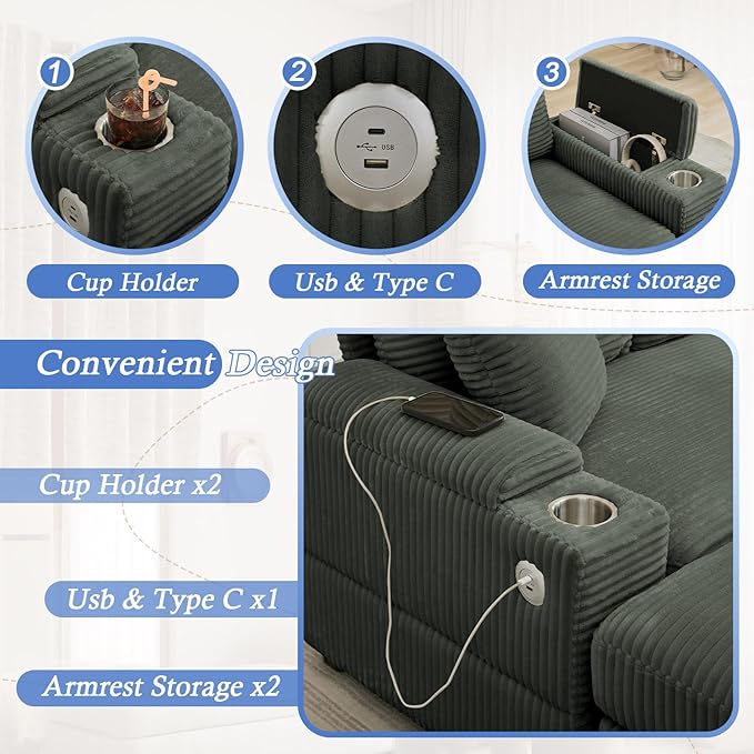 86.6 Sectional Sofa Couch with 2 Ottomans Comfy Corduroy Upholstered Cloud Modular Convertible Couch with Cup Holders and USB Armrest Storage Deep Seat Oversized Loveseat for Living Room Green