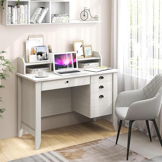 GOFLAME 48” Computer Desk with Hutch Vintage Home Office Desk with Storage Drawers &amp Shelves Space Saving Laptop PC Table Wooden Study Writing Workstation White
