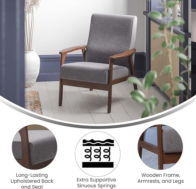 Flash Furniture Langston Commercial Mid Century Modern Chair - Gray Faux Linen Upholstery - Walnut Finish Wooden Frame and Arms - Extra Supportive Sinuous Springs
