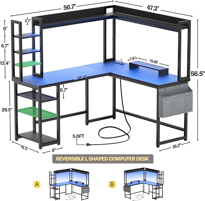 Aheaplus L Shaped Gaming Desk Reversible L Shaped Desk with Power Outlet and Led Lights Gaming Desks Corner Computer Desks with Hutch Monitor Stand and Storage Bag for Home Office Black