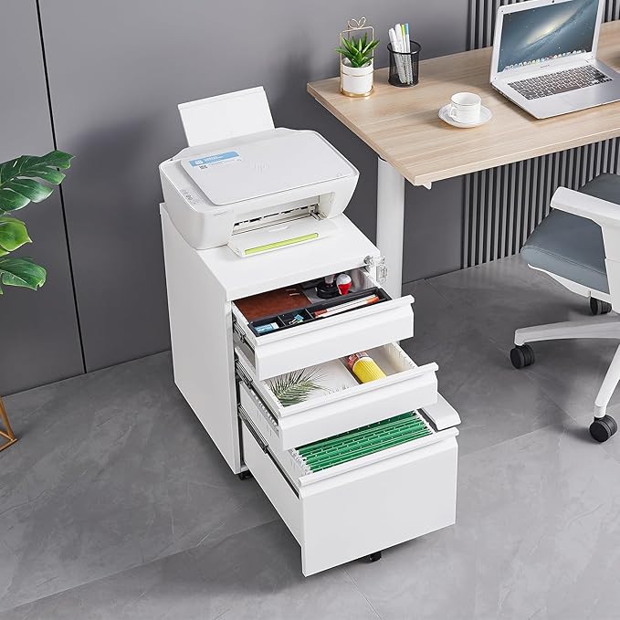 3-Drawer Mobile Filing Cabinet with Lock Legal/Letter Sized Office Storage Cabinet Metal Suitable for Offices and Study Rooms(White)