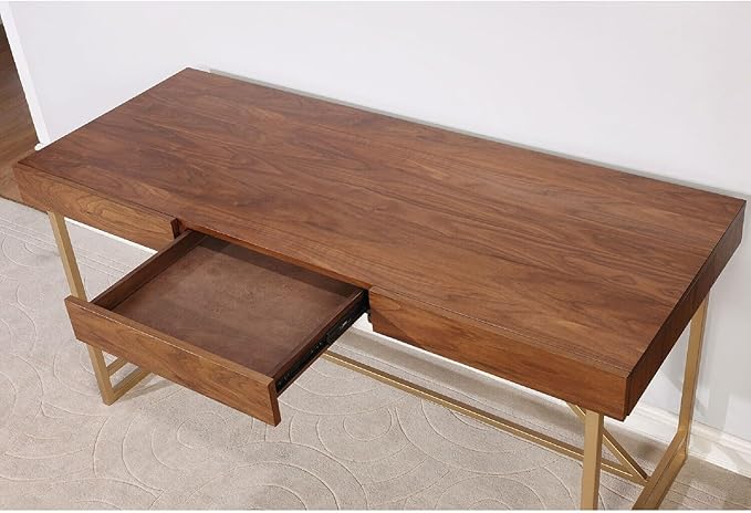Maykoosh Modern Writing Desk with Drawers - Rustic Wooden Desk Stylish Home Office Furniture Walnut Brown &amp Gold Finish