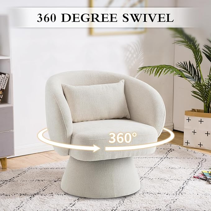 Swivel Accent Chair Sherpa Bucket Chair Velvet Upholstered Armchair 360° Swivel Bucket Shaped Armchair with Pillow and Round Back for Living Room Bedroom Nursery (Beige)