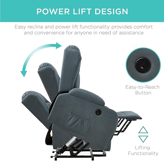 Best Choice Products PU Leather Electric Power Lift Chair Recliner Massage Chair Adjustable Furniture for Back Legs w/ 3 Positions USB Port Heat Cupholders Easy-to-Reach Side Button - Blue