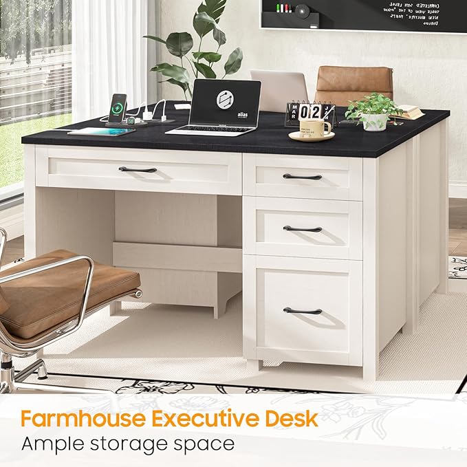 Vabches Farmhouse 47 Executive Desk with 4 Drawers Computer Desk with File Drawer and Charging Station Workstation for Home Office Study.（Black）