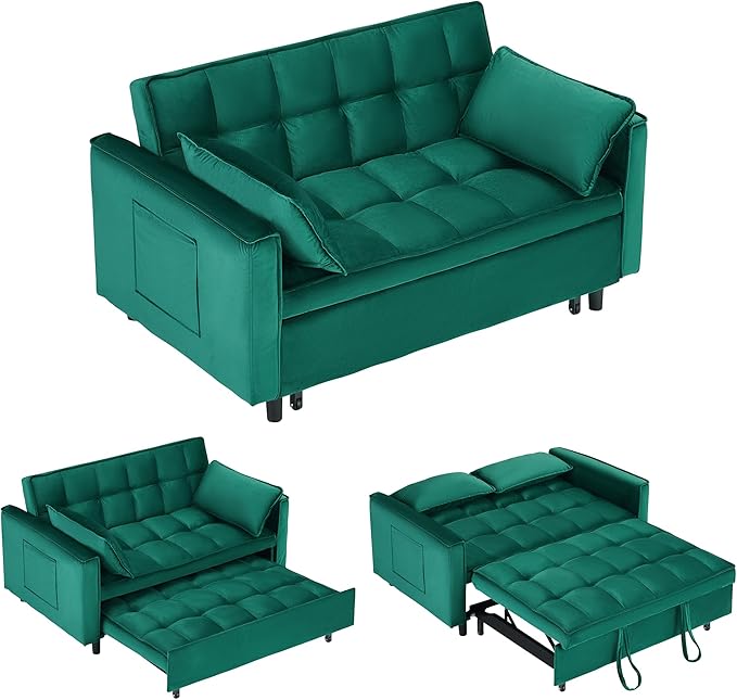55 Modern Velvet Loveseat Sleeper Sofa 3-in-1 Convertible Pull-Out Bed with Adjustable Backrest 2 Pillows &amp Side Pockets Small Pull Out Couch for Living Room Apartment(Green)