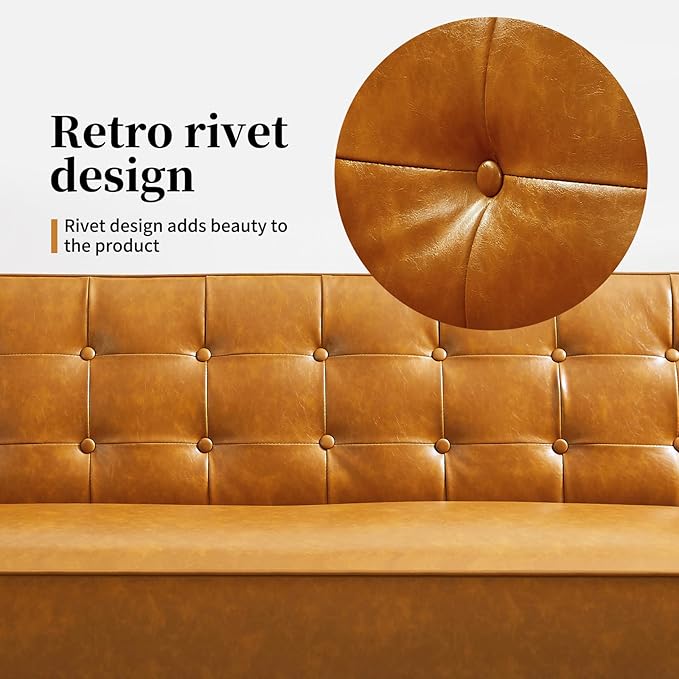 Faux Leather Couch Mid Century Modern Sofa with Memory Foam Comfy 3 Seater Couch for Small Spaces Living Room Office Brown