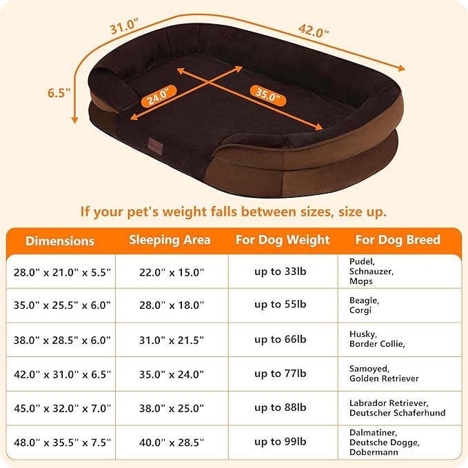 Dwanton Orthopedic Dog Bed for Large Dogs with Gel Memory Foam Waterproof Dog Sofa Washable Pet Bed with Four Sided Bolster Cushion Removable Cover &amp Non-Slip Bottom 42 Brown