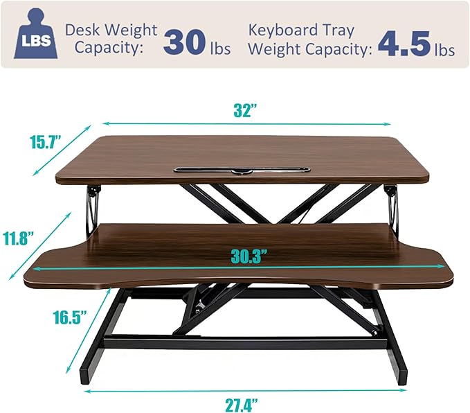32 Inch Height Adjustable Stand Up Desk Riser Heavy Duty Computer Workstation with Removable Keyboard Tray - Ergonomic Design for Home Office Workshop Gaming Spacious Platform(Walnut)