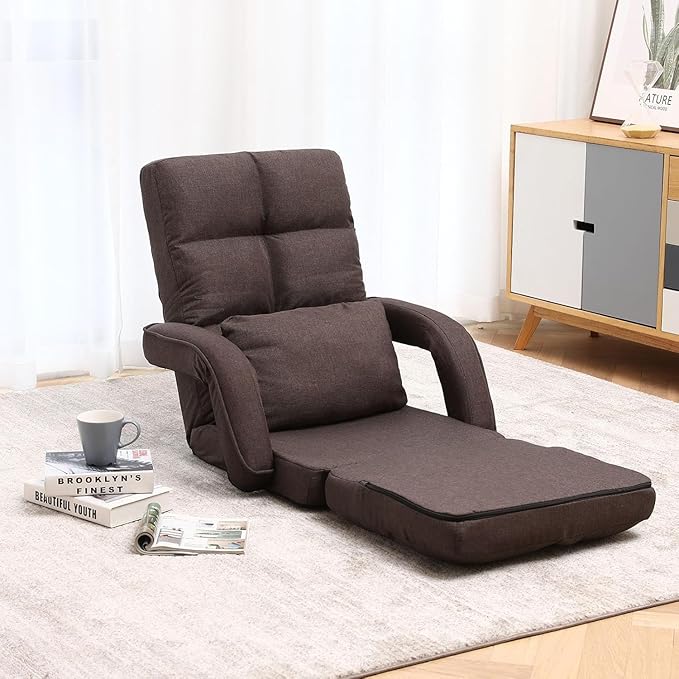 Indoor Floor Chair with Armrest and Pillow Folding Chaise Lounge Sofa 14-Position Adjustable Comfy Gaming Recliner Chair Padded Seats for Adults(Brown)