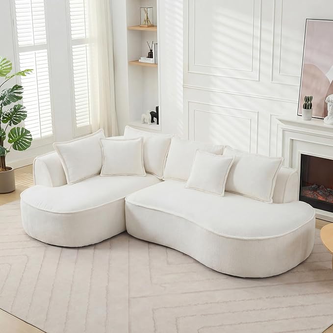 Modern Luxurious Oversized Boneless Couches Sectional Curved Sofa with 6 Pillows L-Shape Boneless Couch with Deep Seat High-Density Memory Foam No Assembly Required Chenille (White)