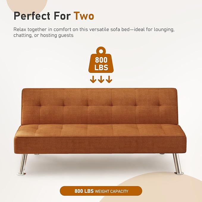 Furnimart Futon Sofa Bed 66 Corduroy Convertible Futon Couch with 3-Position Adjustable Backrest Solid Wood Frame Sleeper Sofa for Small Space Living Room Apartment Office Burnt Orange