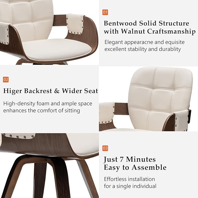 Set of 2 Swivel Dining Chairs - Mid Century Modern Dining Chairs with Arms and Curved Back Faux Leather Bentwood Versatile for Living Room/Reception/Conference Room/Kitchen/Desk (Walnut Beige)