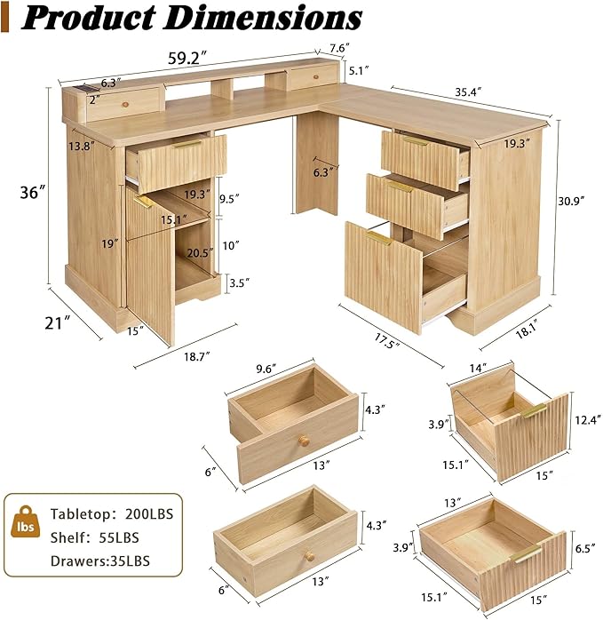 59'' Farmhouse Desk with 5 Drawers &amp Charging Station Wood Executive Desk with Storage Cabinet &amp Keyboard Tray White Computer Desks with Monitor Stand for Home Office (Natural 59 × 30 L Sha