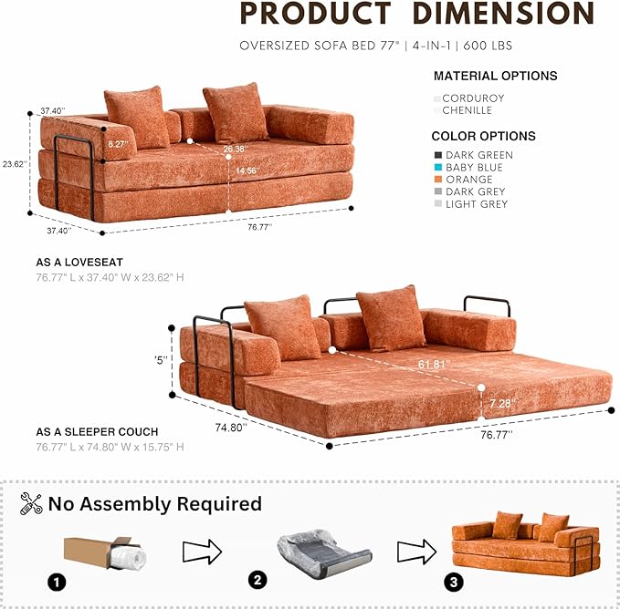 Alpen Futon Sofa Bed Full Size 4-in-1 Sleeper Sofas with L-Shaped Armrests Small Sofa Bed Couch for Small Spaces Loveseat Sleeper for Living Room Bedroom Chenille Orange