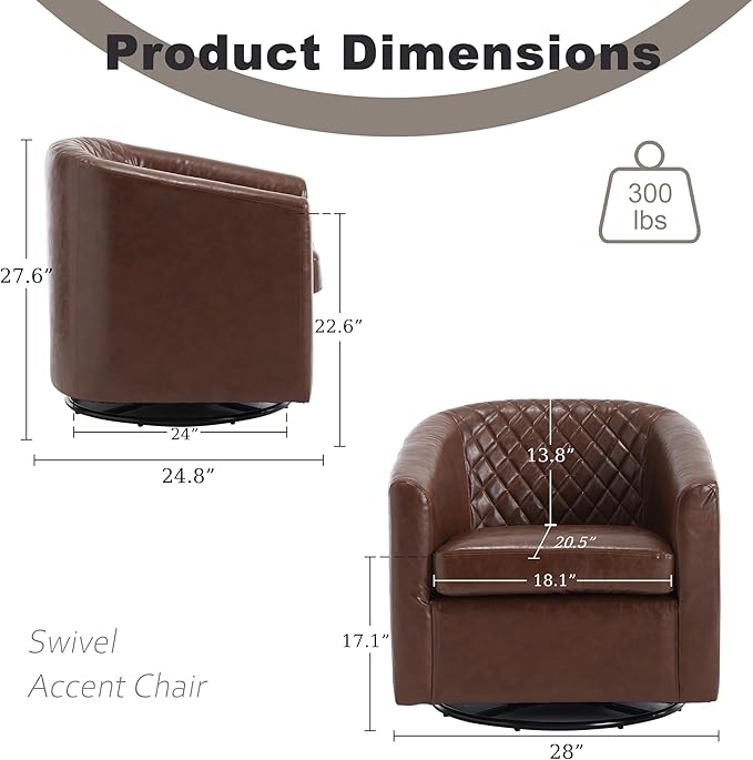 Swivel Gilder - Modern Round Armchair 360 Swivel Leather Barrel Club Chair for Living Room Bedroom Office (Brown)