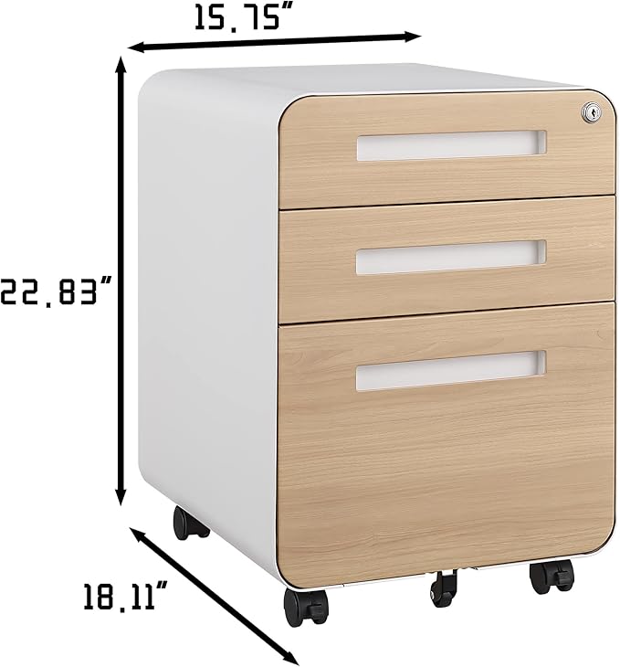 3 Drawer Mobile File Cabinet with Lock Under Desk Metal Filing Cabinet for Home Office Assembled Removable Under Desk Storage with Wheels for A4-Size/Letter-Size/Legal-Size (Wood Grain)