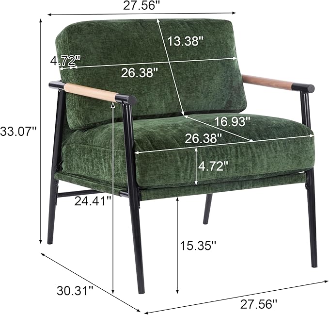 Modern Accent Chair Lounge Arm Chair Upholstered Armchair with Plush Cushions Single Chairs with Metal FrameWooden Armrest - Perfect for OfficeLiving RoomBedroomGreen