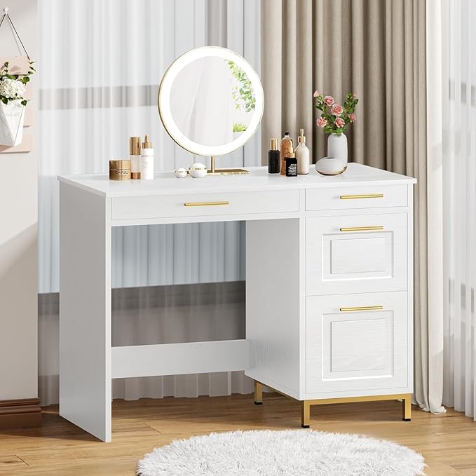4 EVER WINNER White Desk with Drawers and Golden Handles 43 Home Office Desks with Drawers Computer Wrighting Table with Storage for Bedroom White and Gold Desk