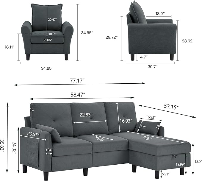 Sectional Sofa Set 77 Convertible Sofa and 2 Pieces 35 Accent Chair Small 3 Seat L Shaped Couch with Storage Ottoman Modern Couch for Living Room Office Apartment Dark Grey