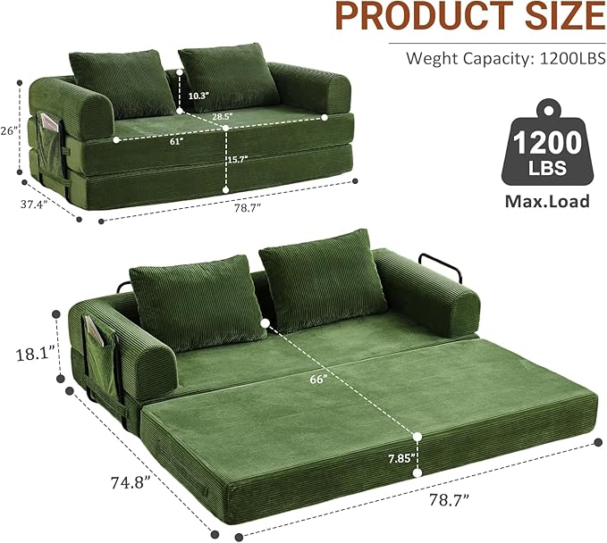 79 Convertible Sofa Bed 5-in-1Boneless Couch for Living Room with 2 Pillows Corduroy Folding Sleeper Sofa Bed Boneless Cloud Loveseat Futon Sofa Bed for Living Room Bedroom Lounge Green