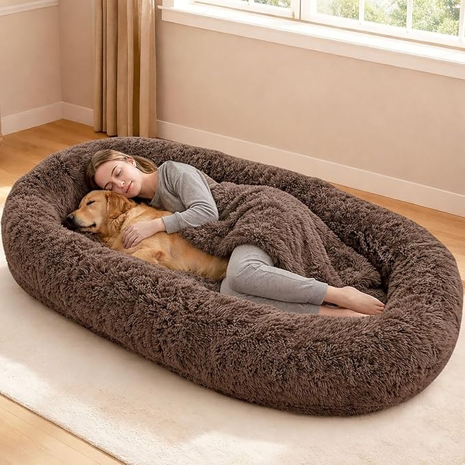 71x44x12.5 Human Dog Bed for Adult Faux Fur Washable Human Dog Bed Portable Handle Egg Orthopedic Foam Human Bed Extra Large with Present Blanket Brown
