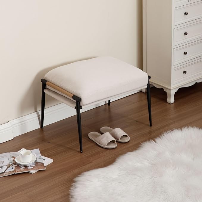 LukeAlon Upholstered Chenille Footstool Modern Ottoman Footrest Small Shoe Stool with Black Metal Legs Mid Century Vanity Stool with Wooden Armrests for Living Room Entrance Cushion Removable Beige