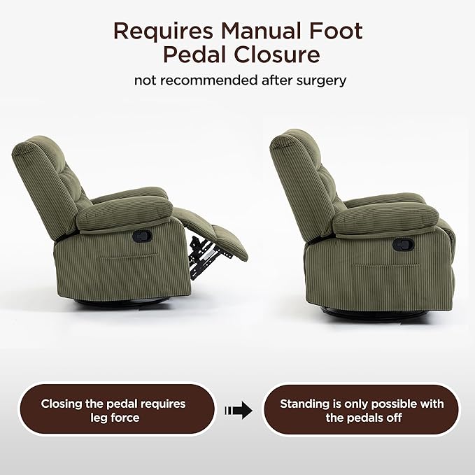 360° Swivel Rocker Recliner Chair for Adults Manual Reclining Chair with Comfortable Arms and Back Upholstered Glider Rocking with Side Pockets for Living Room Bedroom Corduroy Green