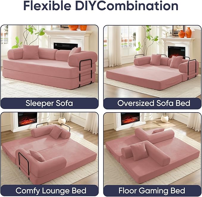 ijuicy 4-in-1 King Convertible Floor Sofa Bed w/ 2 PillowModular Sleeper Sofa/Folding Futon Couch Bed w/Cylindrical Backrest and Fixed FrameLounge CouchCorduroy Compression Sofas for Home-Pink