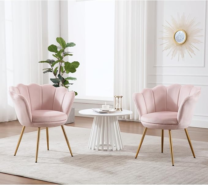 chairus Light Pink Makeup Vanity Chair with Back Modern Velvet Upholstered Small Accent Chair with Gold Metal Legs Cute Shell Shaped Vanity Stool Desk Chair for Living Room Bedroom Dressing Room