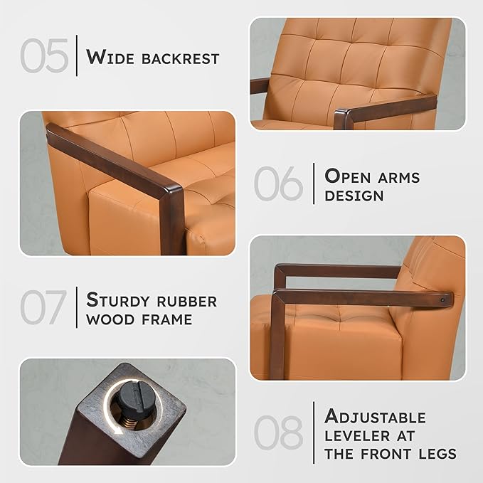 Lexicon Modern Accent Chair Luxury Genuine Leather Match Living Room Chair with Tufted Cushions Solid Wood Frame and Arm Rest Comfy Upholstered Single Seat for Bedroom/Reading/Office Orange