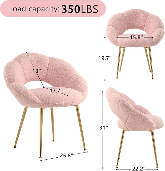 Petal Makeup Vanity Chair with BackModern Dining ChairUpholstered Desk Chair for Girls with Gold Metal Legs for Home OfficeBedroom (Pink)