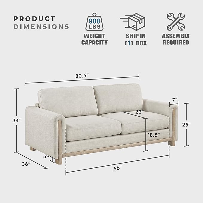 Lexicon Modern Upholstered Living Room Sofa Textured Fabric Sofa Couch Track Arm Wood Frame and Natural Finish Wood Legs Reversible Back Cushion No Assembly Beige