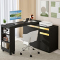 53 L-Shaped Computer Desk Rotating Home Office Desk with Storage Cabinet &amp Drawer Modern Craft/Study/Writing Table with LED Light Reversible Swivel Corner Desk Bedroom Black