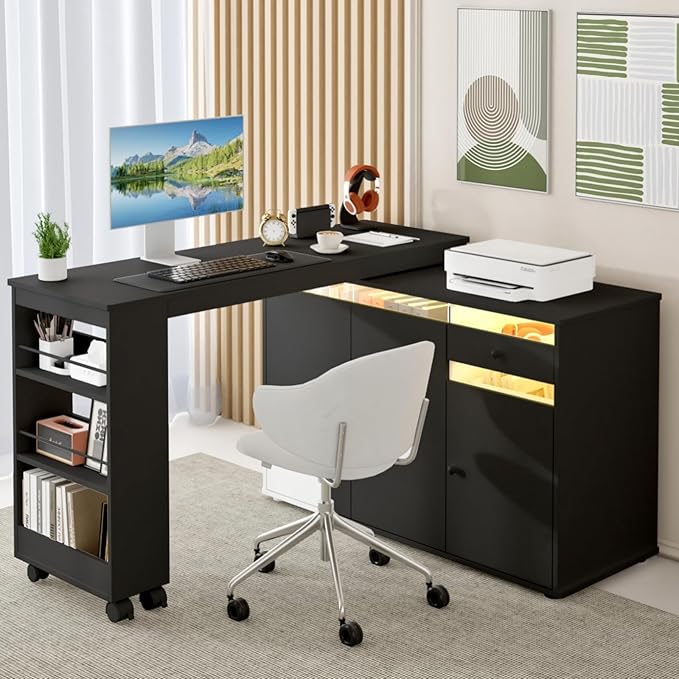 53 L-Shaped Computer Desk Rotating Home Office Desk with Storage Cabinet &amp Drawer Modern Craft/Study/Writing Table with LED Light Reversible Swivel Corner Desk Bedroom Black