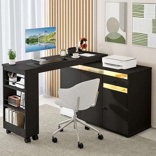 53 L-Shaped Computer Desk Rotating Home Office Desk with Storage Cabinet &amp Drawer Modern Craft/Study/Writing Table with LED Light Reversible Swivel Corner Desk Bedroom Black