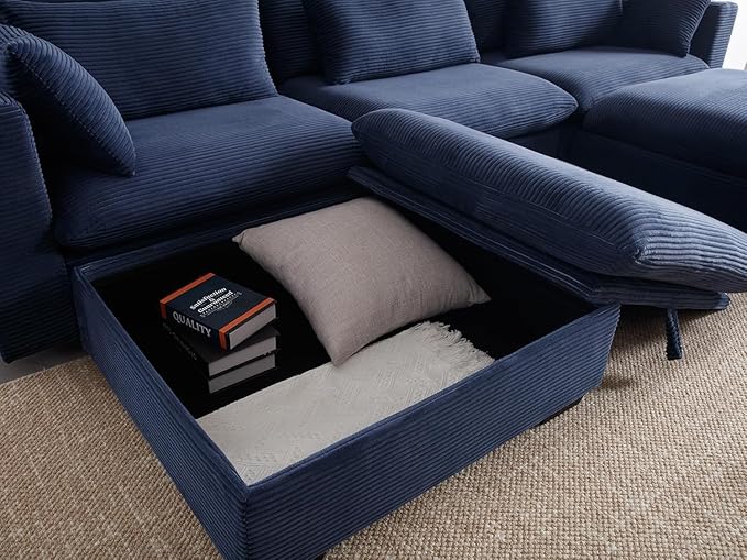 asunflower Matching Large Storage Ottoman for Sectional Sofa Oversized Foldable Footrest Stool with Lid Blue Corduroy Bench - 37.4 Extra Wide