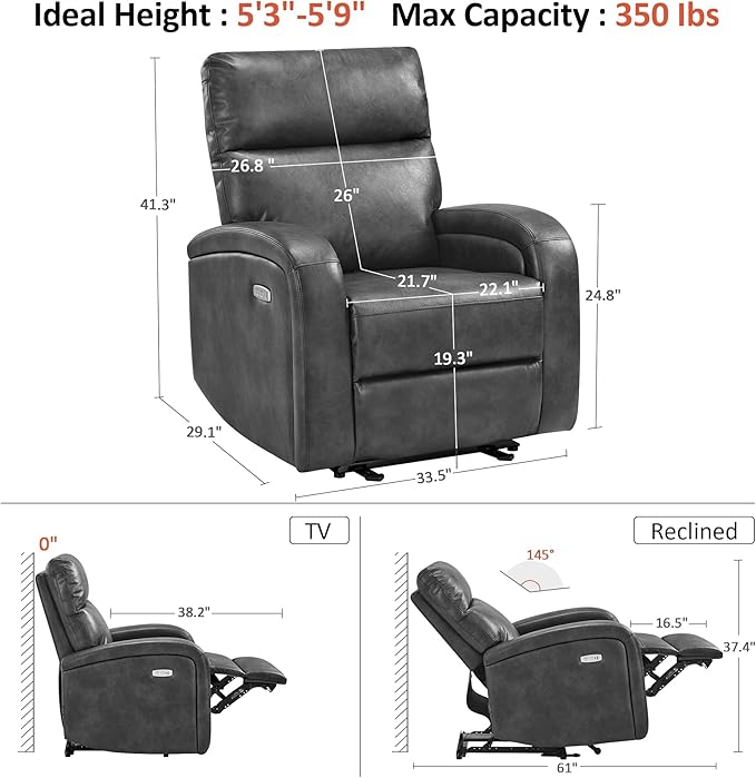 MCombo Zero Wall Recliner Chair Power Wall Hugger Recliner with USB &amp Type-C Dual Charge Ports for Small Space Living Room RV PR644 (Dark Grey)