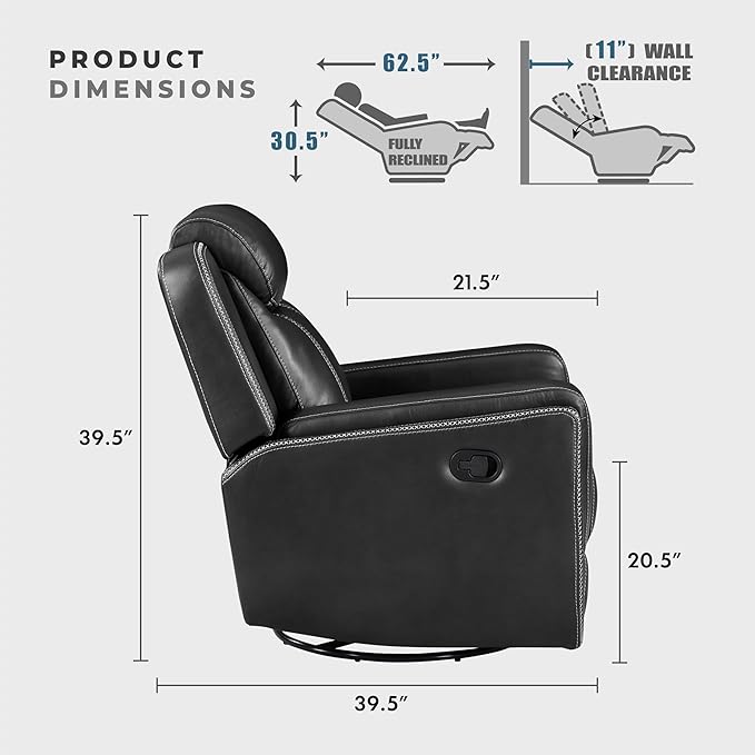 Lexicon Modern Swivel Glider Recliner Chair Nursery Glider Faux Leather Recliner Chair with Headrest Manual Recliner Sofa Chair for Living Room/Office/Apartment Black