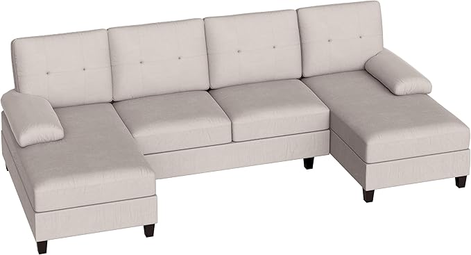 Shintenchi U-Shaped Sectional Couches for Living Room 4 Seat Sofa with Double Chaise LoungesSolid Wood Frame Sectional Sofa for ApartmentCreamy White