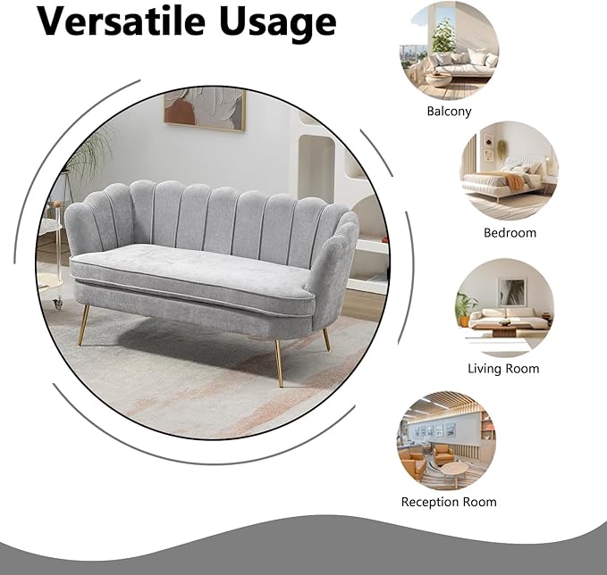 Anwick 59 Small Modern Chenille Loveseat Sofa 2-Seater Sofa with Gold Metal Legs Small Couch with Flower Shaped Back for Living Room Bedroom Office (Light Gray)