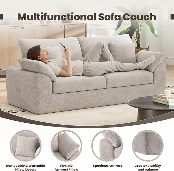 90 Boneless Loveseat Sofa Cloud Foam Couch 3 Seater Upholstered Midcentury Mondern Love Seat Wide Armrest and 4 Pillows for Home Living Room/Small Spaces No Assembly Required Camel