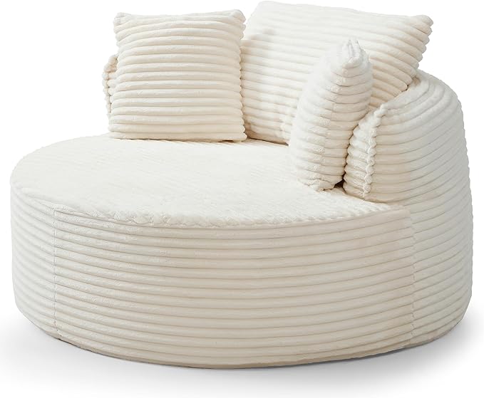 Oversized Round Chair Lounge Chaise Indoor 53.5 Corduroy Boneless Round Chair Fluffy Single Deep Seat Cloud Sofa Chairs Modern Circle Chaise Lounge for Bedroom Living Room Beige White