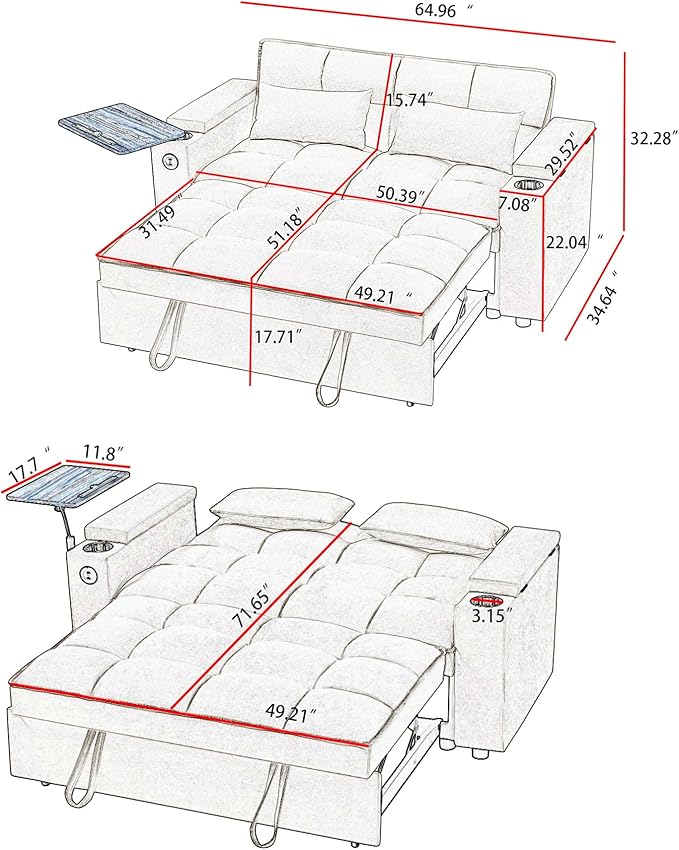 65'' Convertible Sleeper Sofa Bed with Adjustable Backrest Chaise Lounge Side Table &amp USB/Type-C Ports – Stylish &amp Functional Addition to Any Living Room (Black)
