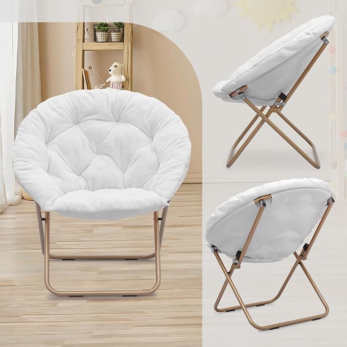 Athena Collection Round Saucer Chair with Ottoman Set of 2 for Adults Oversize Comfy Cozy Faux Fur Folding Reading Chair with Metal Leg Lazy Relaxing for Living Room Bedroom Dorm Apartment White